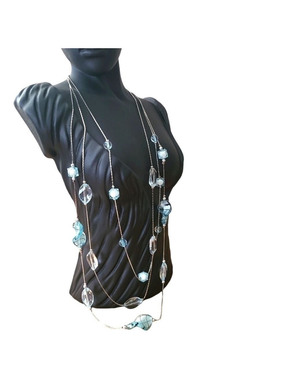 Illusion Necklace 3 Strands Aguamarine Beads on Silvertone Chain